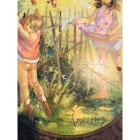 Oude blikken doos met prachtig tafereeltje van spelende kinderen, 