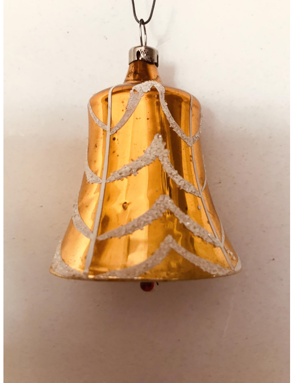 Antieke glazen kerstbal in de vorm van een klokje met een klepeltje 